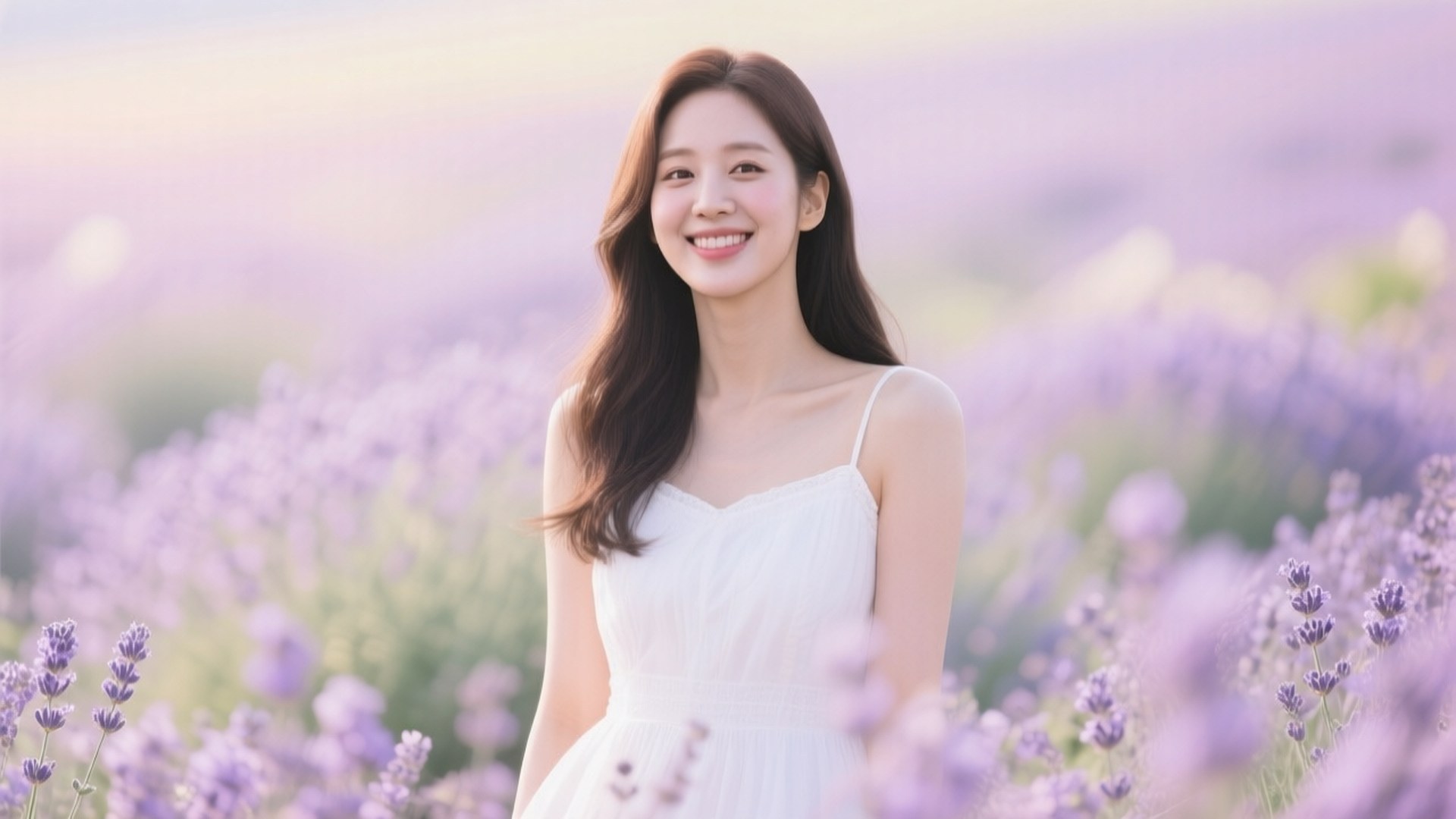 Lavender Fields Taeyeon 壁紙 — 一位微笑的白裙女士站在盛開的薰衣草田中，沐浴在柔和的金色光芒下。