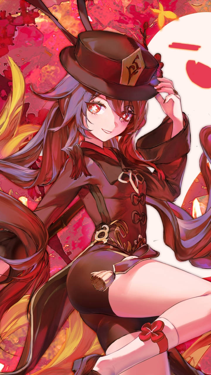 身穿紅色服裝和高帽的動漫女孩，被秋葉和火焰包圍。 — 原神手機壁紙 壁紙