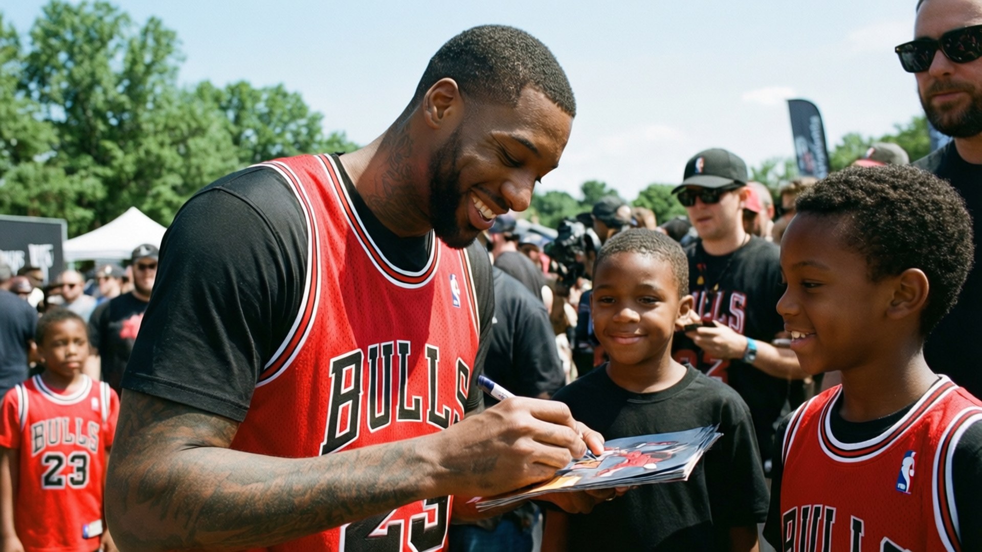 Fan Interaction 壁紙 — 一位微笑的籃球運動員穿著紅色公牛隊球衣，在陽光明媚的日子裡為兩名年輕球迷在戶外簽名。