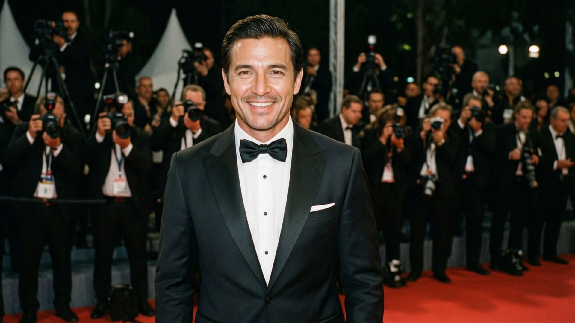 Red Carpet Elegance 壁紙 — 一位微笑的男子身穿黑色禮服配蝴蝶結，站在紅地毯上，被攝影師包圍。