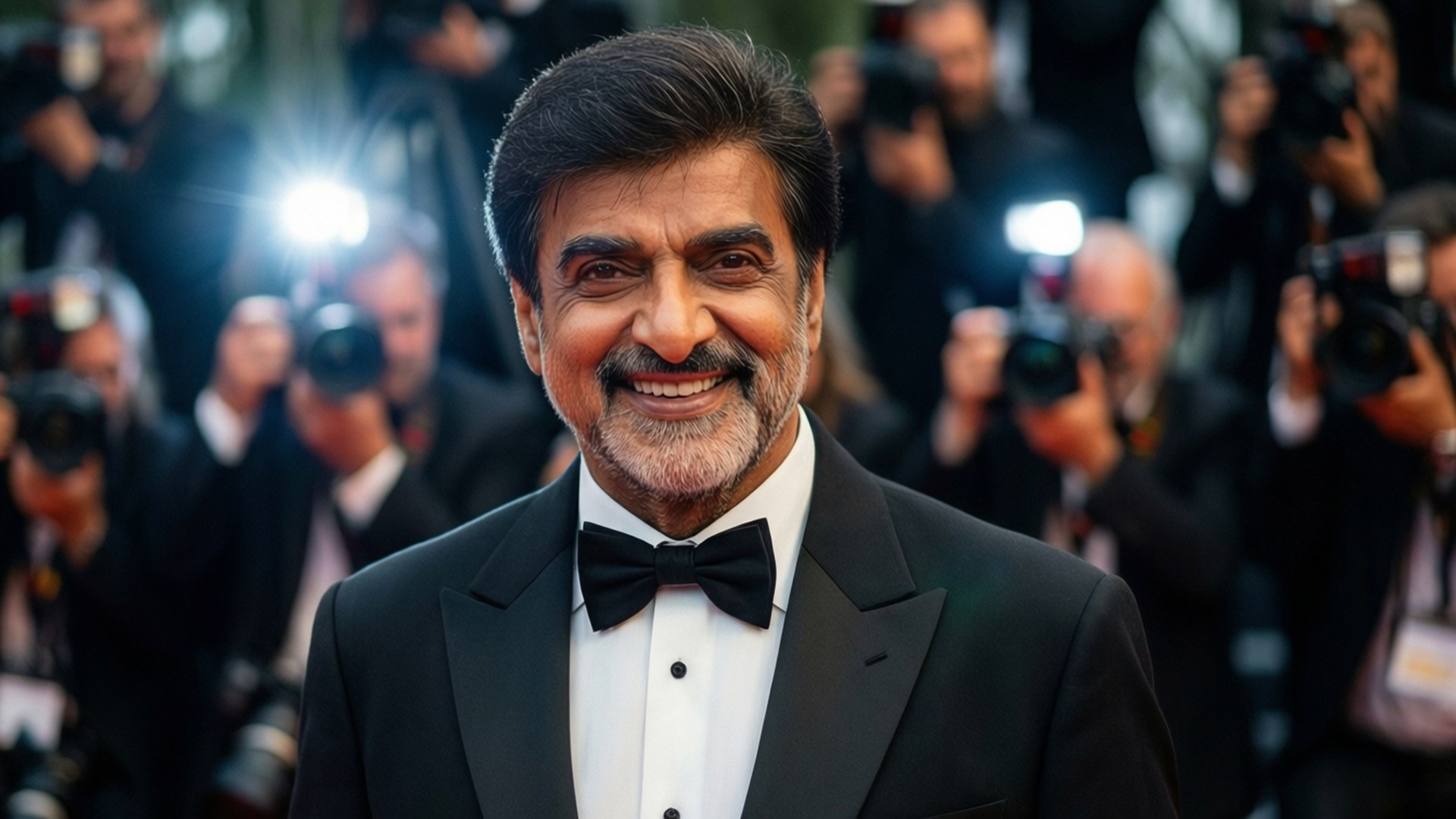 Red Carpet Amitabh 壁紙 — 一位微笑的男子身穿黑色燕尾服和領結，自信地站在紅地毯上，周圍閃光燈不斷。