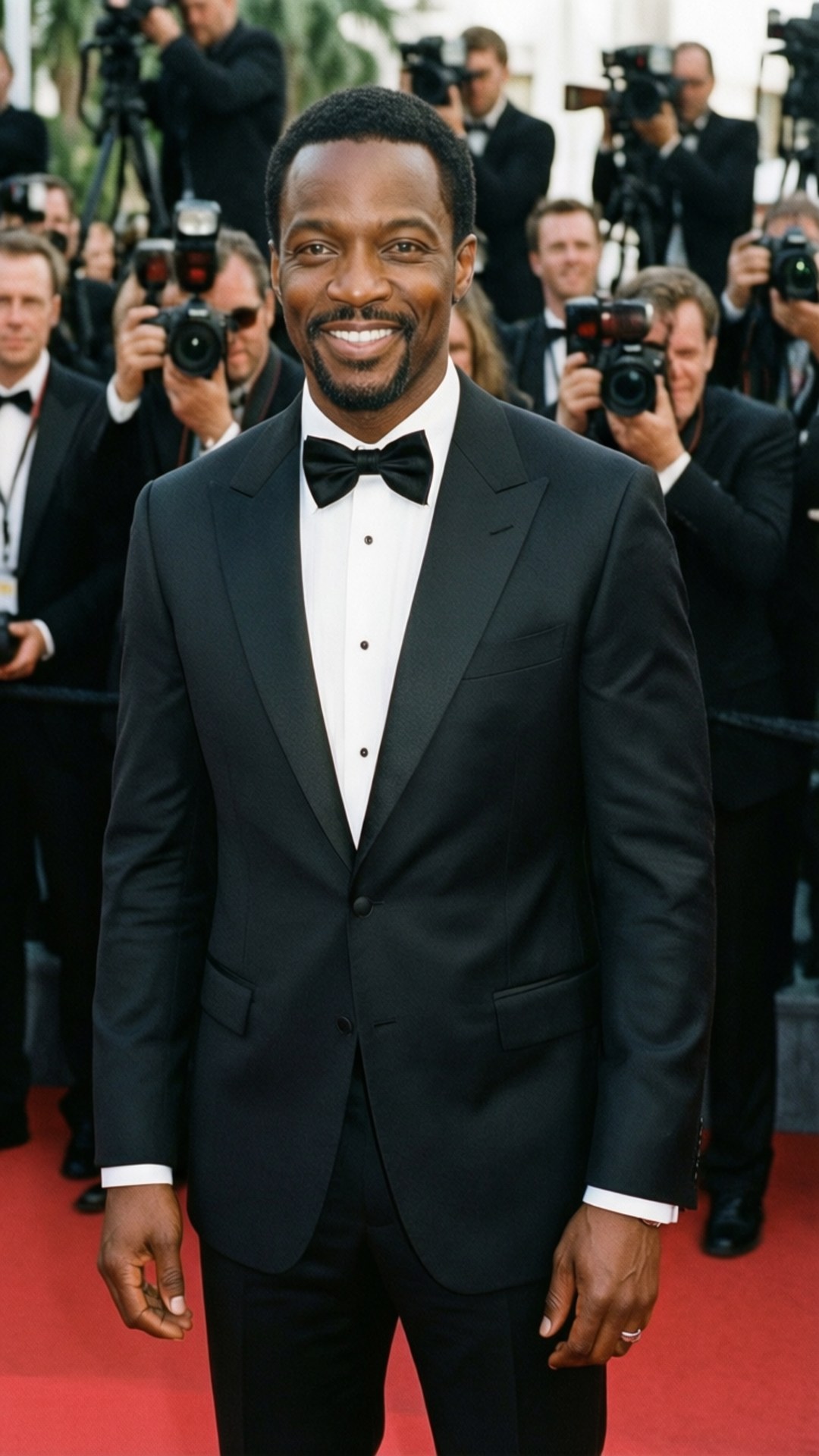 Red Carpet Glam 壁紙 — 一位微笑的男子身穿黑色燕尾服配蝴蝶結，自信地站在紅地毯上，被攝影師包圍。
