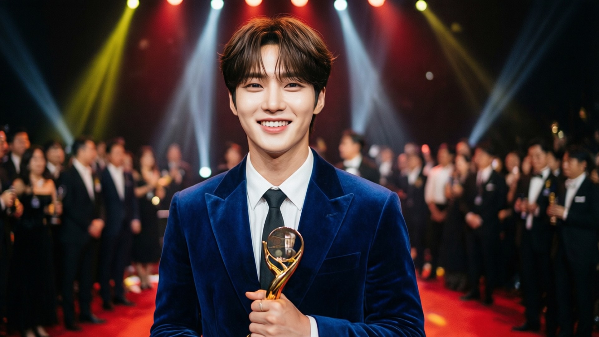 Award Winner 壁紙 — 一位微笑的年輕男子身穿藍色天鵝絨西裝，在明亮的舞台燈光下，身後有觀眾，在紅地毯上手持金色獎盃。