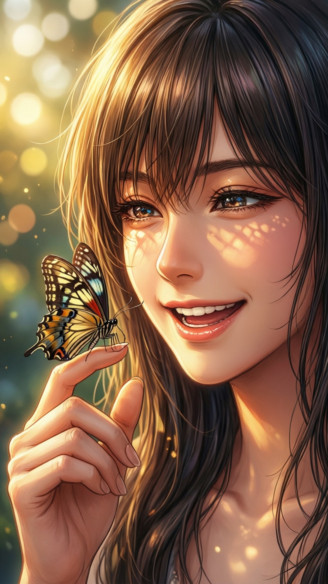 Butterfly Smile 壁紙 — 一位微笑的年輕黑長髮女性，在溫暖的金色散景背景下，輕輕地將一隻色彩繽紛的蝴蝶放在指尖上。