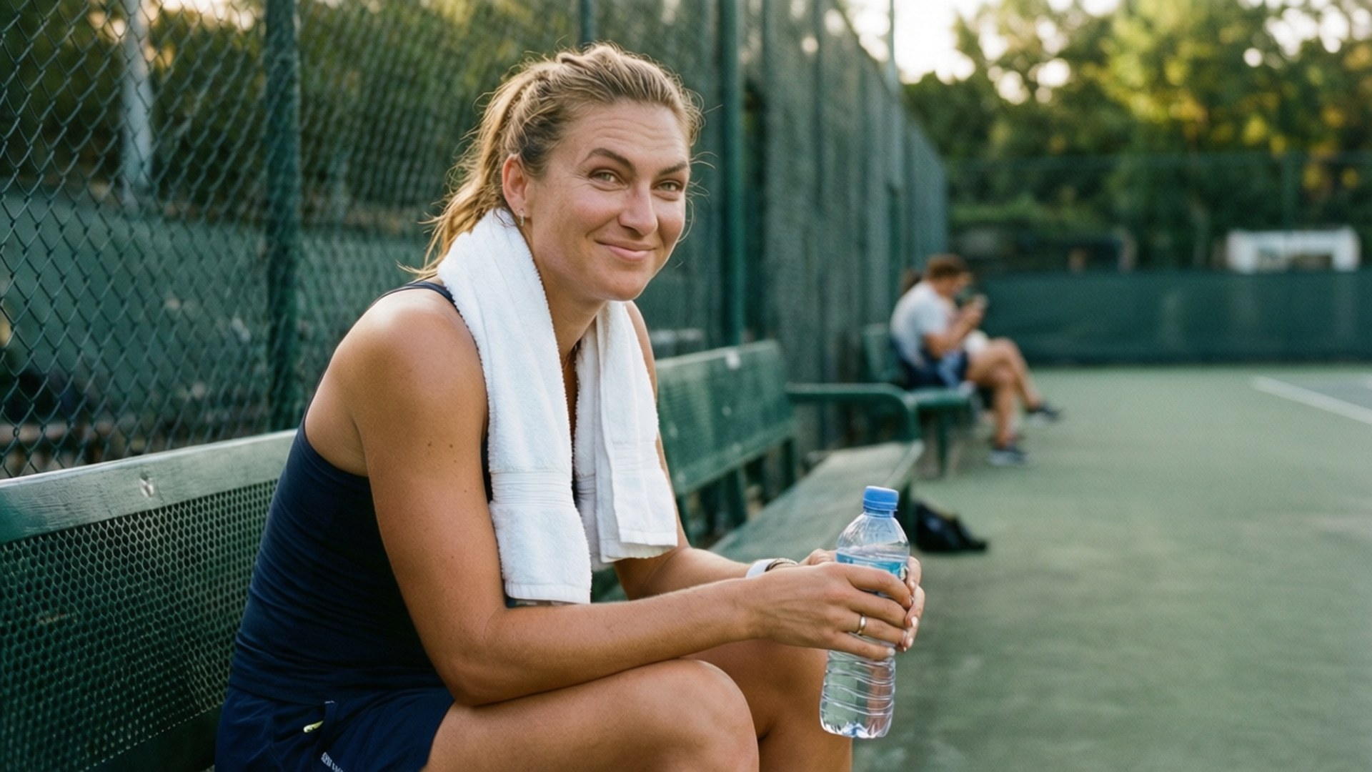Courtside Rest 壁紙 — 一位微笑的女性穿著運動服坐在網球場的長椅上，手持水壺，肩上披著毛巾。