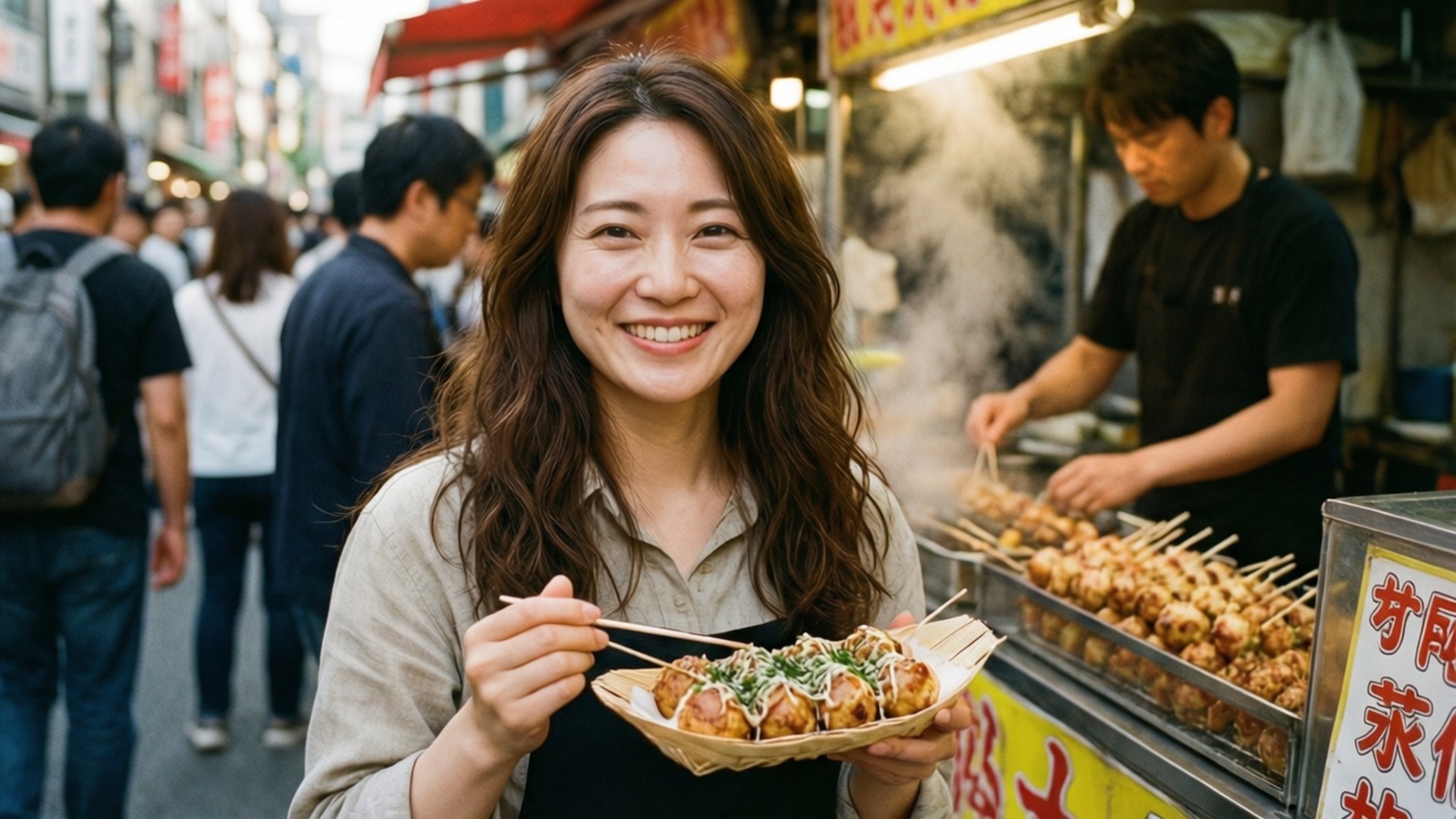 Street Food Break 壁紙 — 一位微笑的女子在熱鬧的日本街頭美食小巷中拿著一盤冒煙的章魚燒。