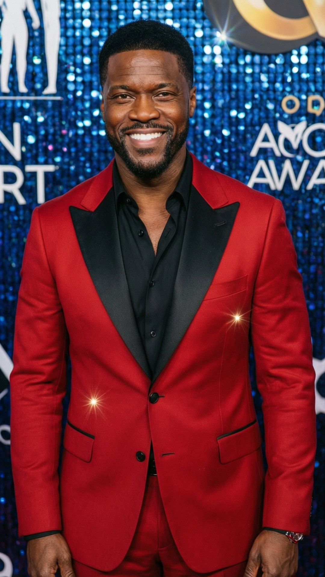 Red Carpet Star 壁紙 — 一位微笑的男子身穿鮮紅色燕尾服外套，搭配黑色翻領，站在閃爍的藍色背景前，背景上有活動字樣。