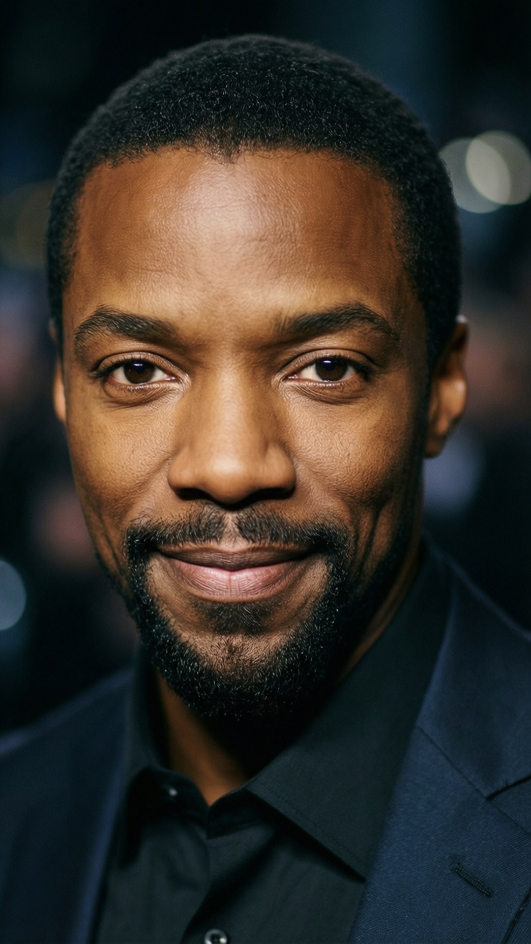 Anthony Mackie 桌布 壁紙 — 微笑的黑人男子特寫肖像，留鬍鬚，身穿深色西裝和襯衫，背景模糊帶有散景燈光。