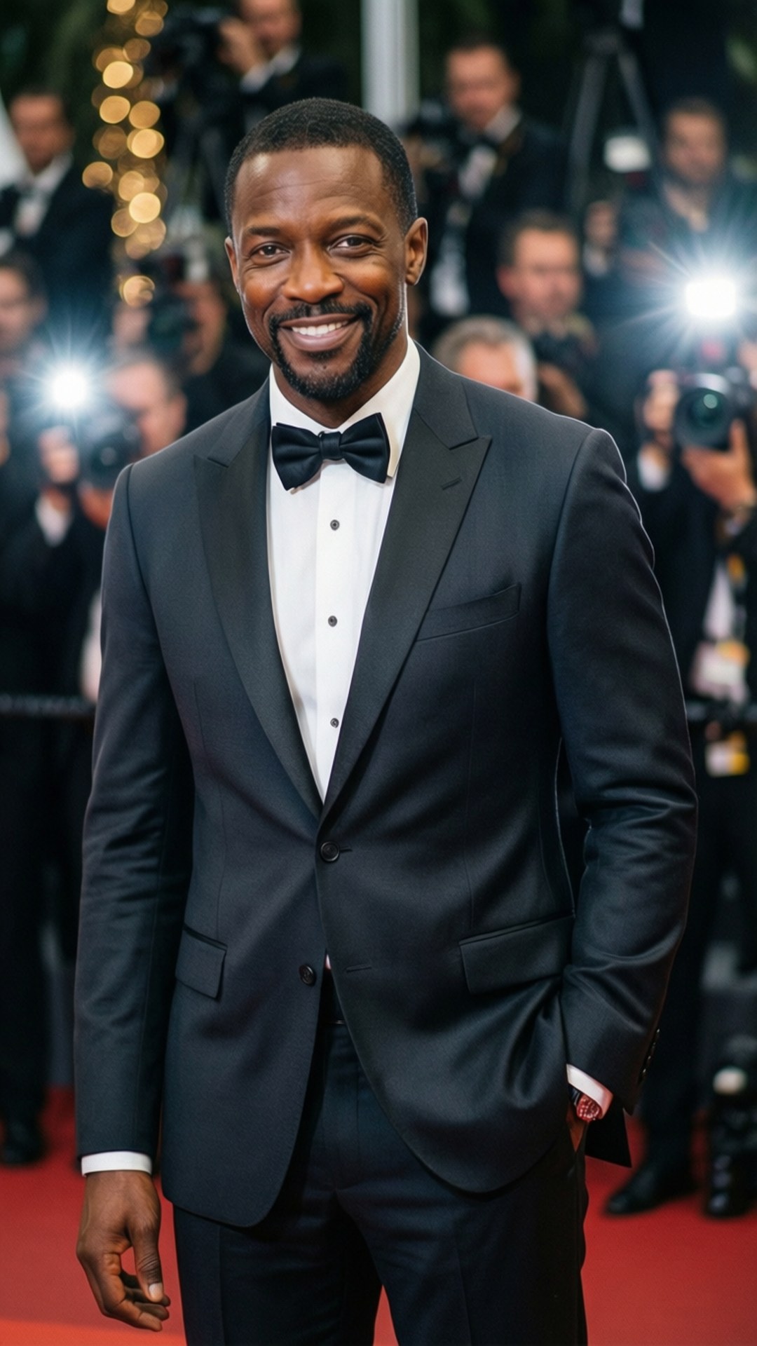 Red Carpet Elegance 壁紙 — 一個微笑的男人穿著黑色燕尾服和領結，自信地站在紅地毯上，周圍閃光燈不斷。