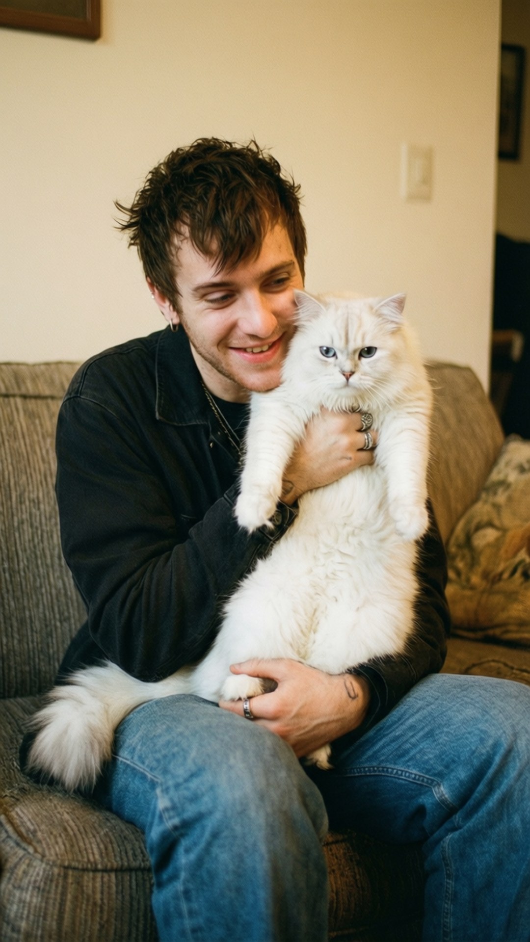 Cat Dad 壁紙 — 一個微笑的男人穿著黑色襯衫和牛仔褲坐在沙發上，抱著一隻藍眼睛的蓬鬆白貓。