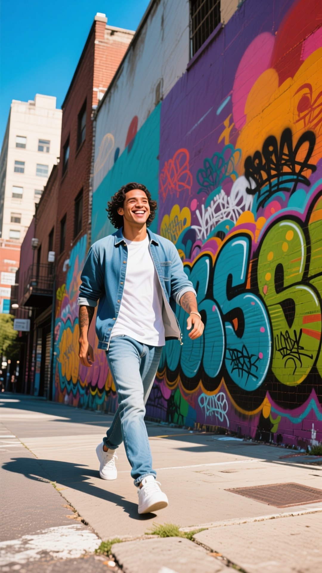 Urban Style 壁紙 — 一位微笑的年輕男子身穿牛仔布，自信地走過一面充滿活力的塗鴉牆，頭頂是晴朗的藍天。