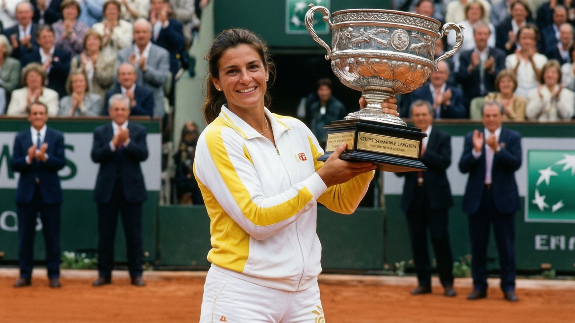 1998 French Open Glory 壁紙 — 一位微笑的網球選手身穿黃白相間的衣服，在紅土球場上高舉一個大銀色獎盃，身後觀眾鼓掌歡呼。