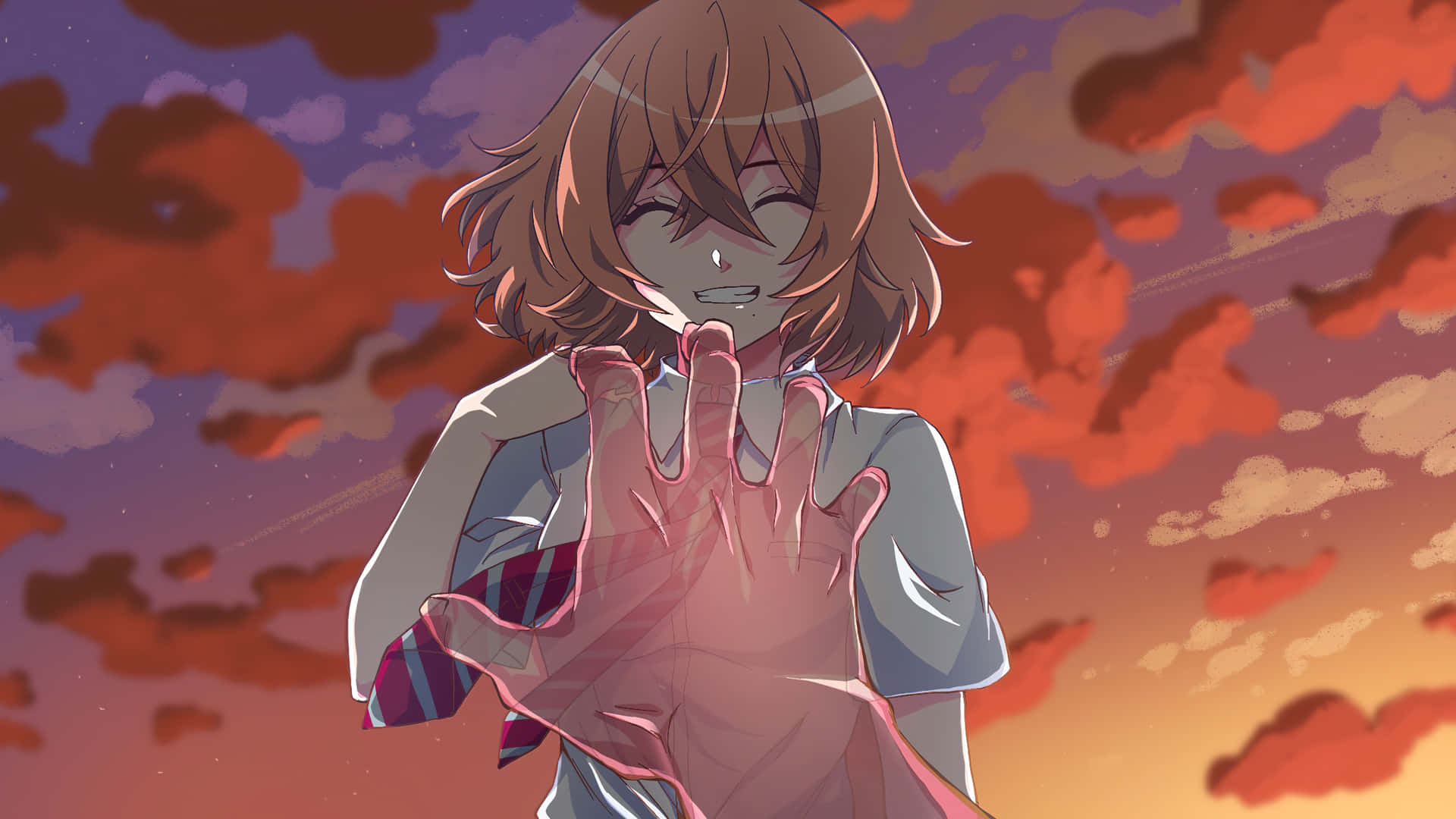 動漫女孩微笑著舉起手，對著充滿活力的日落天空。 — 東京卍复仇者 壁紙