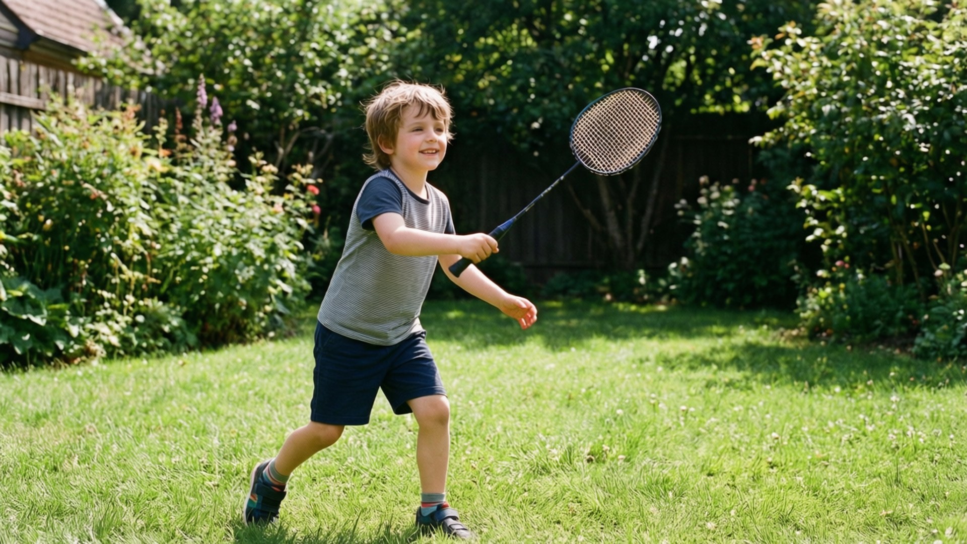 Backyard Game 壁紙 — 一個微笑的男孩在陽光明媚的草地上揮動羽毛球拍，周圍是茂密的綠色灌木和樹木。