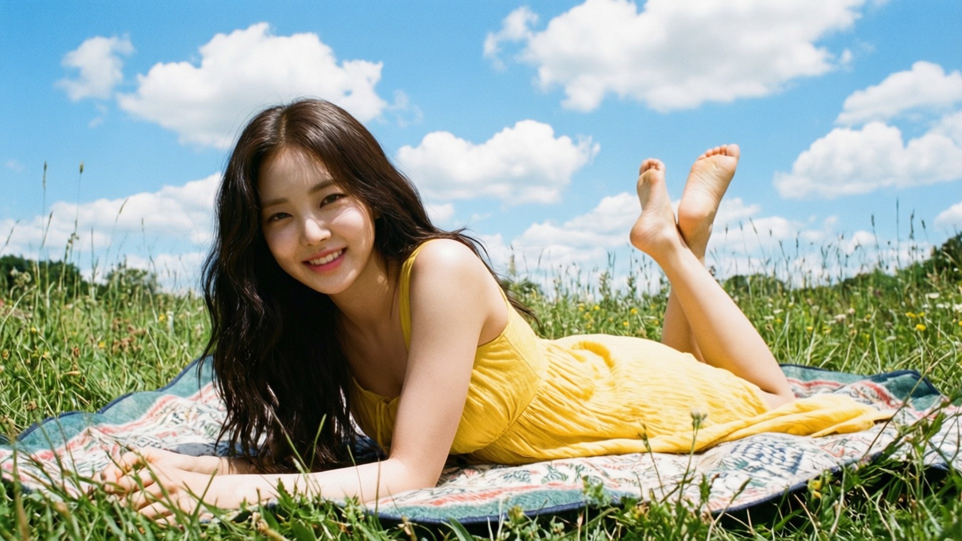 Sunny Meadow Jisoo 壁紙 — 一位微笑的年輕女子穿著黃色連衣裙，赤腳躺在有圖案的毯子上，在陽光明媚的草地上，頭頂是明亮的藍天和蓬鬆的白雲。