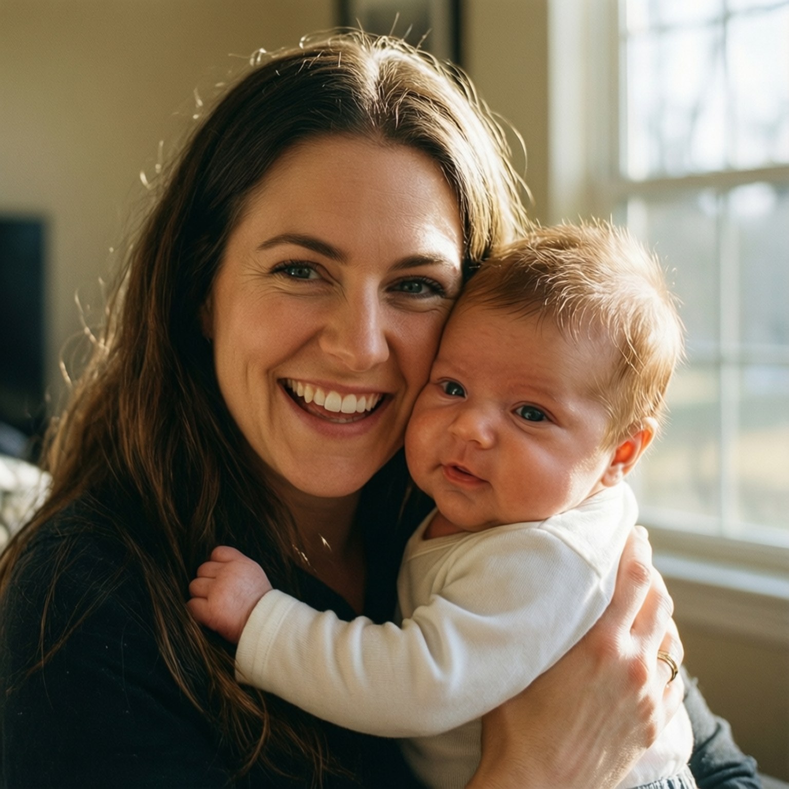 Kenzie Holding Babe 壁紙 — 一位微笑的長髮棕髮女性，在窗邊將穿著白色連身衣的嬰兒抱在胸前。
