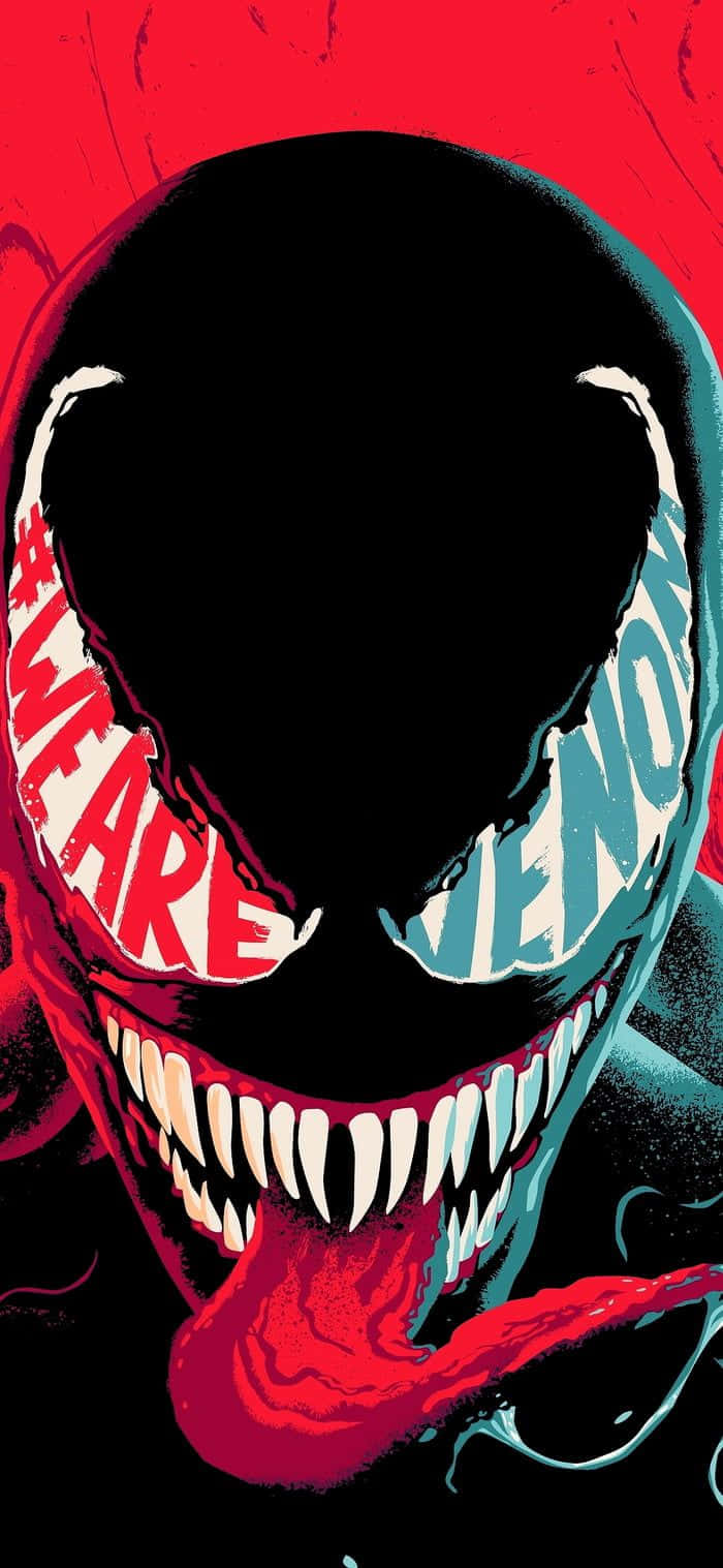 Venom Comic Book 桌布 壁紙 — 一個威脅性的特寫鏡頭，漫畫角色猛毒（Venom）擁有鋒利的牙齒和紅色舌頭，背景是鮮豔的紅色。
