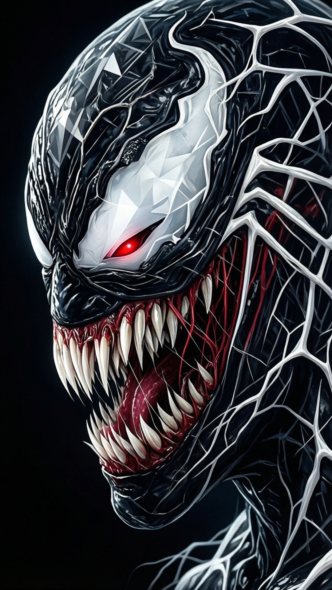 Profile Anti-Venom Abstract 壁紙 — 一個威脅性的特寫鏡頭，顯示猛毒（Venom）在黑色背景上，擁有發光的紅色眼睛、鋒利的牙齒和白色蛛網。