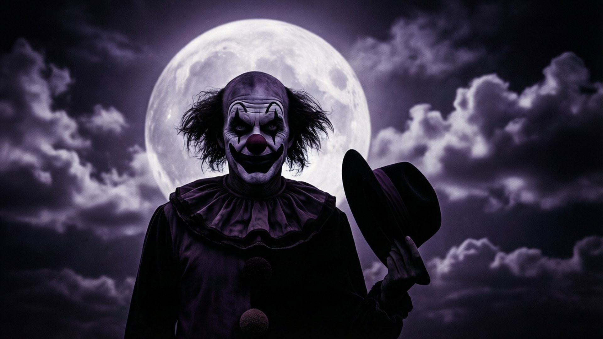 Clown Under the Moon 壁紙 — 一個帶有狂野頭髮和邪惡笑容的威脅性小丑，站在暴風雨紫色天空下發光的滿月前。