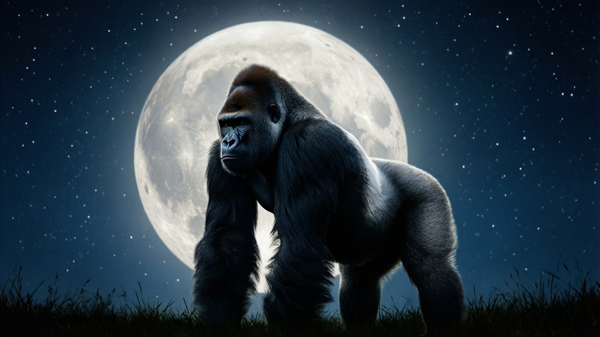 Gorilla and Moon 壁紙 — 一隻威嚴的銀背大猩猩在星光燦爛的夜空下，站在長滿草的山丘上，背後是一輪明亮的滿月。