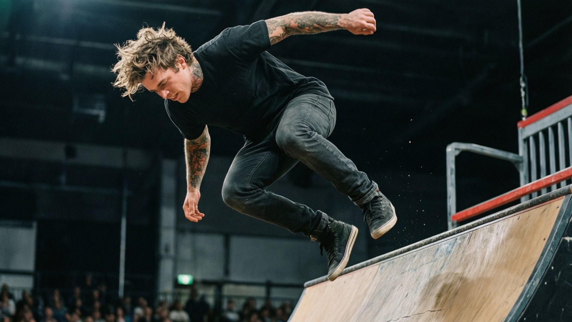 Stunt Jump 壁紙 — 一位有刺青的滑板手在半空中於室內滑板場的木製坡道上表演技巧，下方有觀眾。
