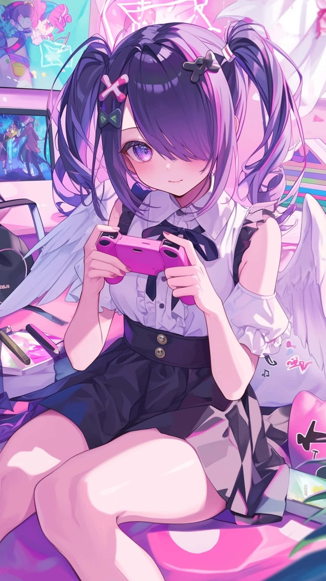 Needy Streamer Overload 桌布 壁紙 — 一位紫髮天使翅膀的動漫女孩在充滿活力的粉紅色房間裡玩粉紅色遊戲機。