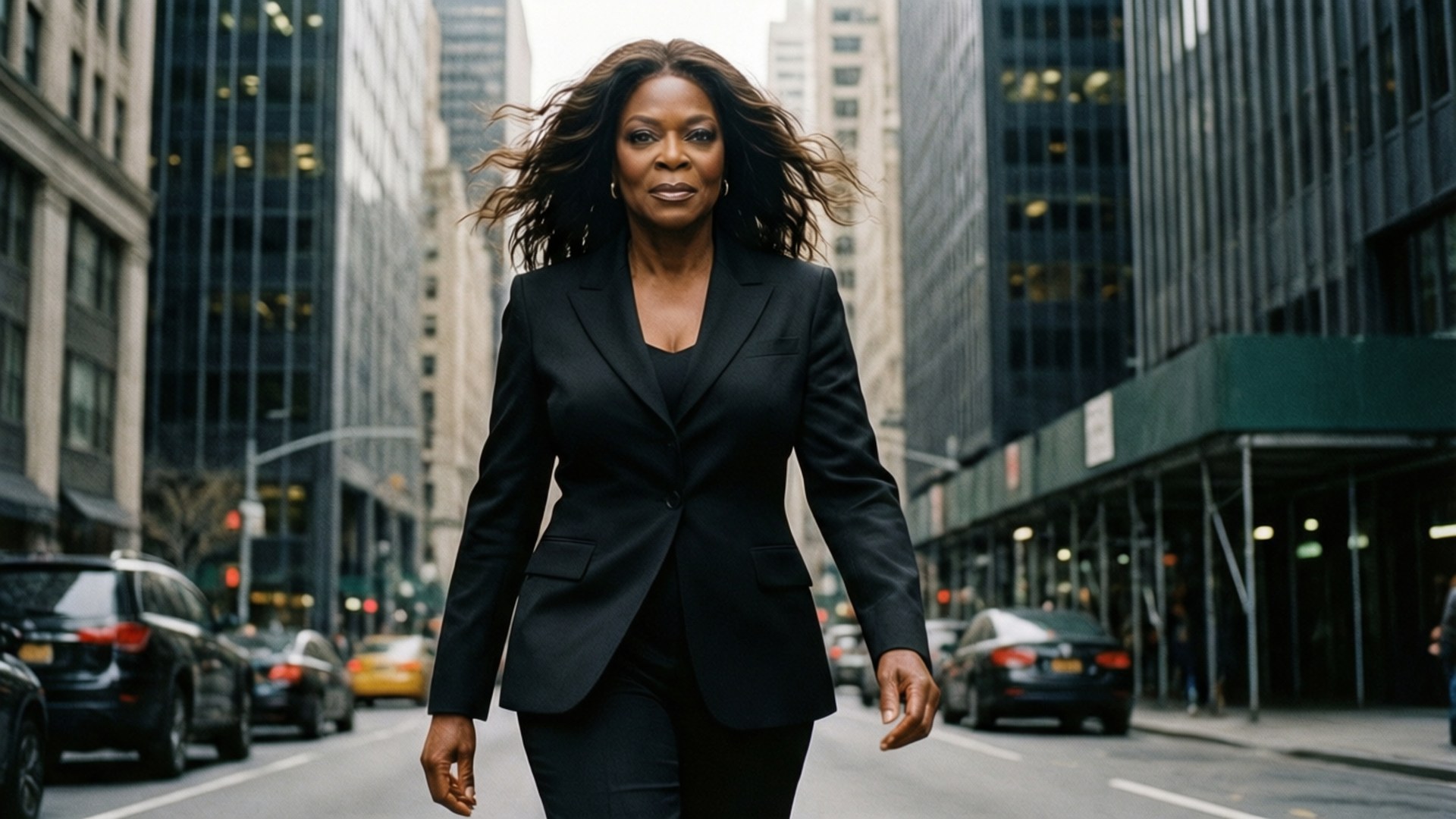 Oprah's City Power Walk 壁紙 — 一位自信的女人穿著黑色西裝，在繁忙的城市街道上大步走，背景有摩天大樓和汽車。