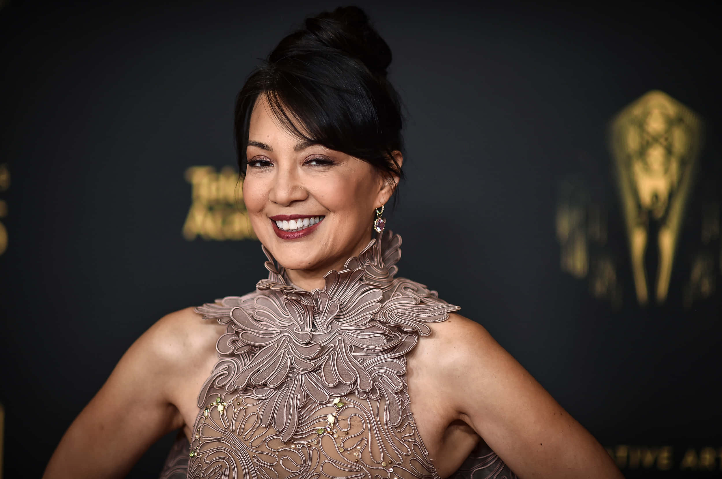 Ming Na Wen 桌布 壁紙 — 一位微笑的女性身穿華麗的棕色禮服，在身後金色標誌的迷人頒獎典禮上自信地擺姿勢。