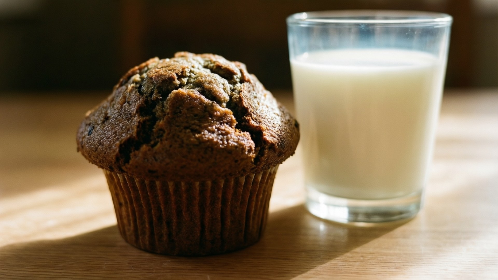 Milk & Muffin 壁紙 — 一個溫暖的棕色鬆餅，帶有可見的種子，旁邊放著一杯牛奶，放在陽光照射的木桌上。