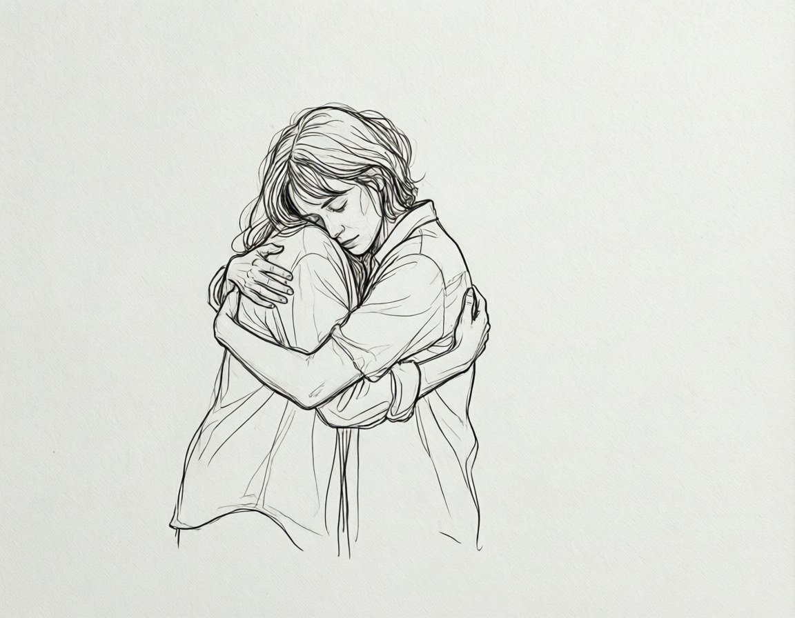Self-Hug Solace 壁紙 — 一幅溫柔的黑白線條畫，描繪兩個人在素色背景前緊抱，閉著眼睛。