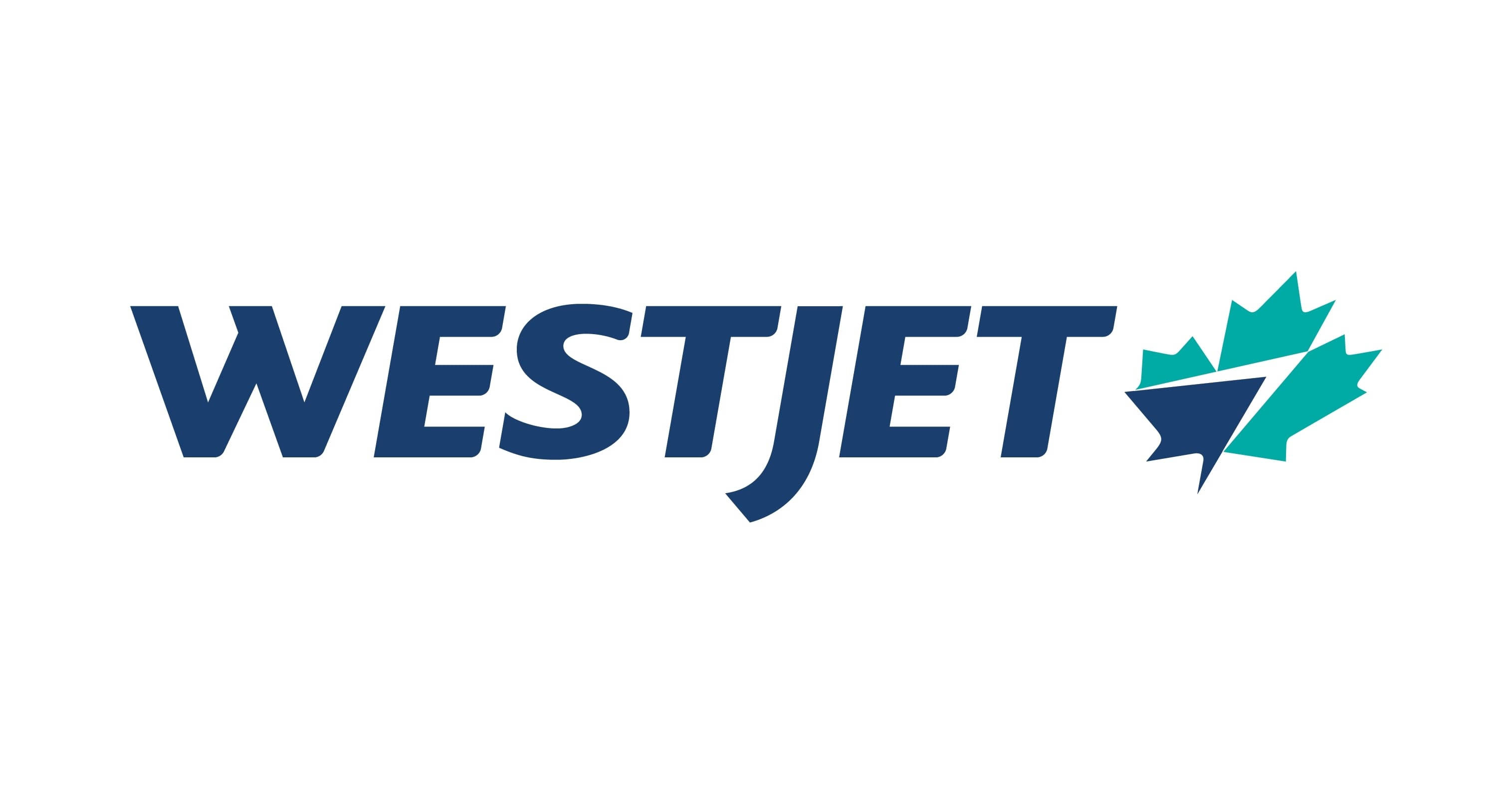 標誌 桌布 壁紙 — WestJet 航空公司標誌，以粗體藍色文字和青綠色楓葉圖標在潔白背景上。