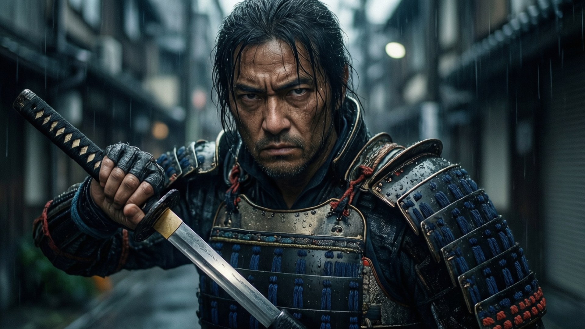 Dark Warrior Kurogane 壁紙 — 一個濕透的武士穿著黑色盔甲，在狹窄的雨巷中握著一把刀，身後是模糊的傳統建築。
