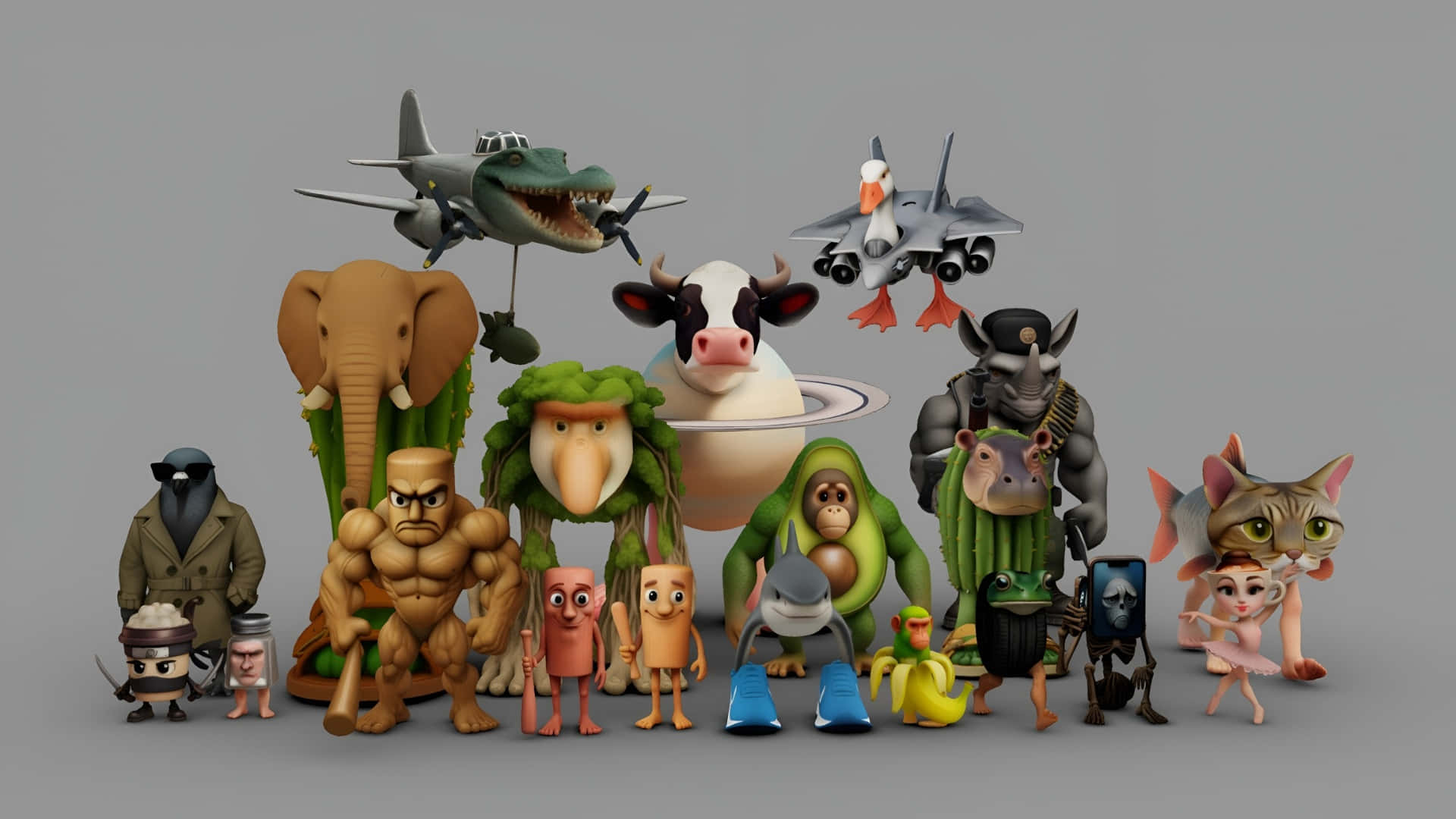  壁紙 — 一群擬人化的動物和物件以3D渲染，充滿奇思妙想，在純灰色背景前一起擺姿勢。