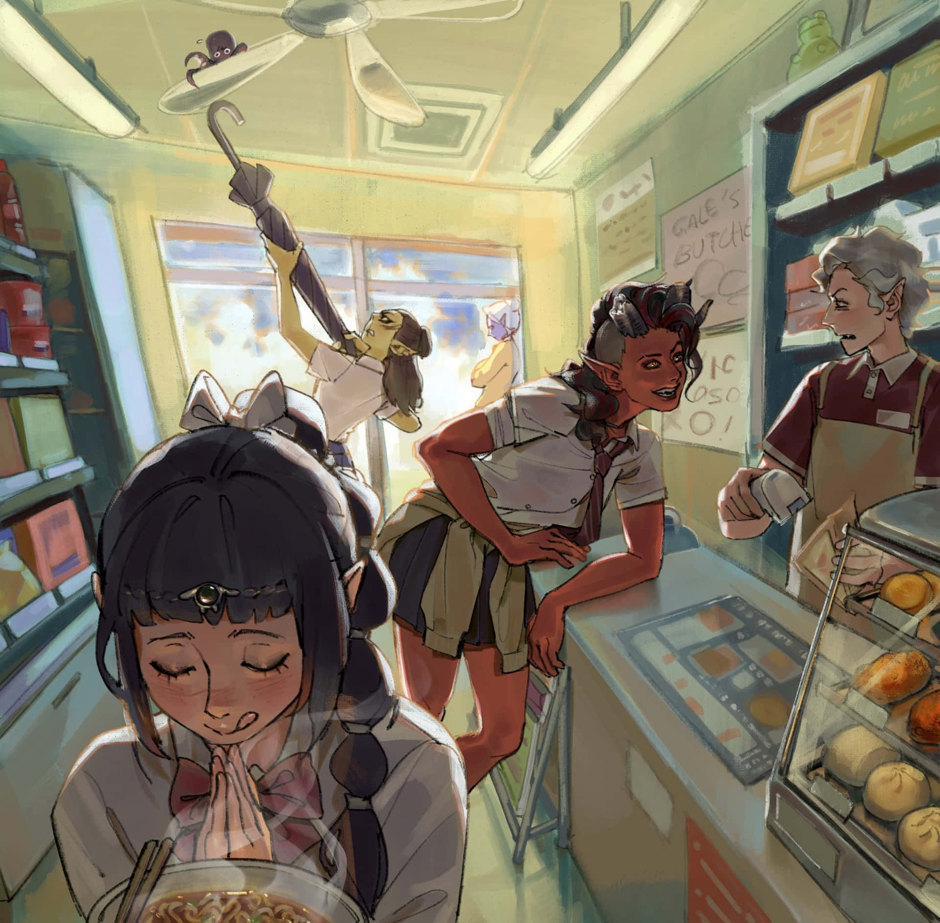  壁紙 — 一個異想天開的動漫麵包店場景，一個女孩在麵條上祈禱，而精靈和一隻貓漂浮在她周圍。