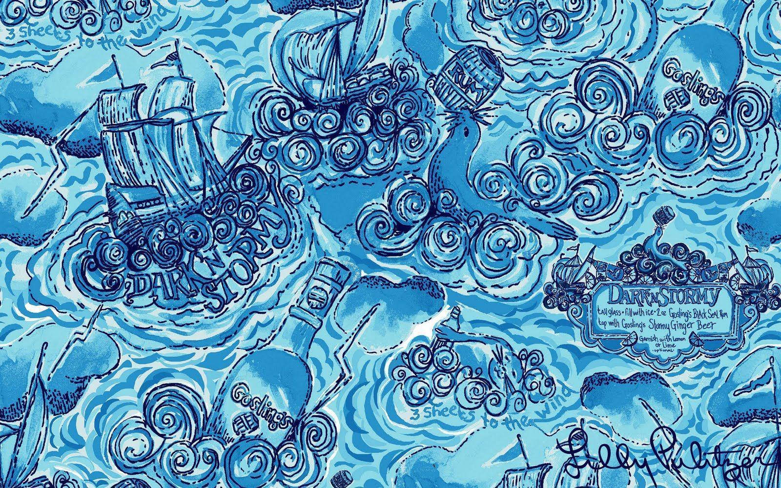 藍色墨水畫，描繪船隻在漩渦波浪中航行，附有俏皮文字。 — 海洋 壁紙