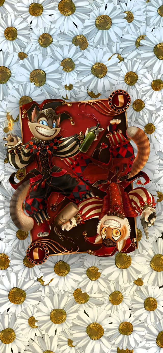  壁紙 — 一隻穿著紅色丑角服裝的奇幻卡通貓咪，懶洋洋地躺在一個花卉圖案的靠墊上，周圍是帶有金色花心的白色雛菊。
