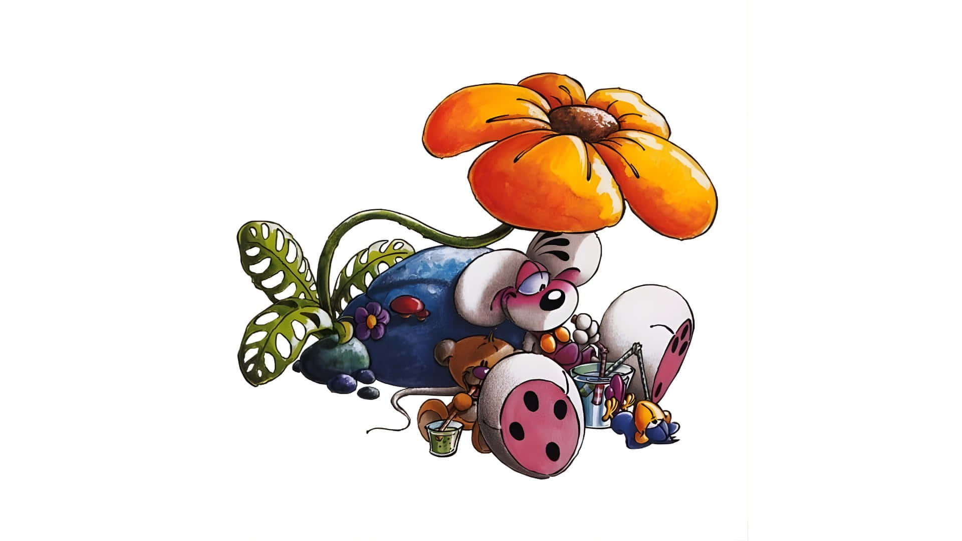 壁紙 — 一隻俏皮卡通老鼠戴著巨大的橙色花帽，在色彩繽紛的植物和繪畫用品中休憩。