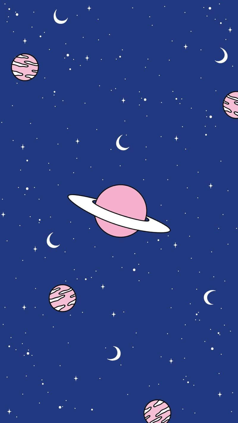  壁紙 — 一個異想天開的卡通風格太空場景，在深藍色背景上有一個粉紅色行星和環，周圍環繞著新月和星星。