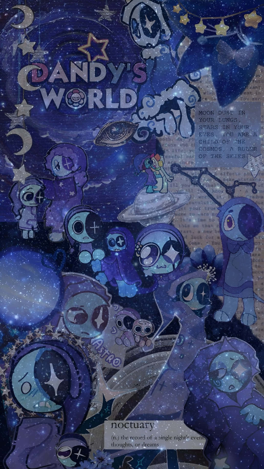  壁紙 — 一幅異想天開的宇宙拼貼畫，紫色卡通角色漂浮在星星、月亮和天體文字之間，背景是繁星點點的夜空。