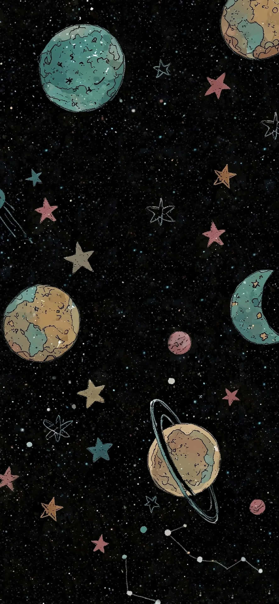  壁紙 — 一幅夢幻宇宙風格桌布，手繪行星、星星和星座漂浮在繁星點點的夜空。