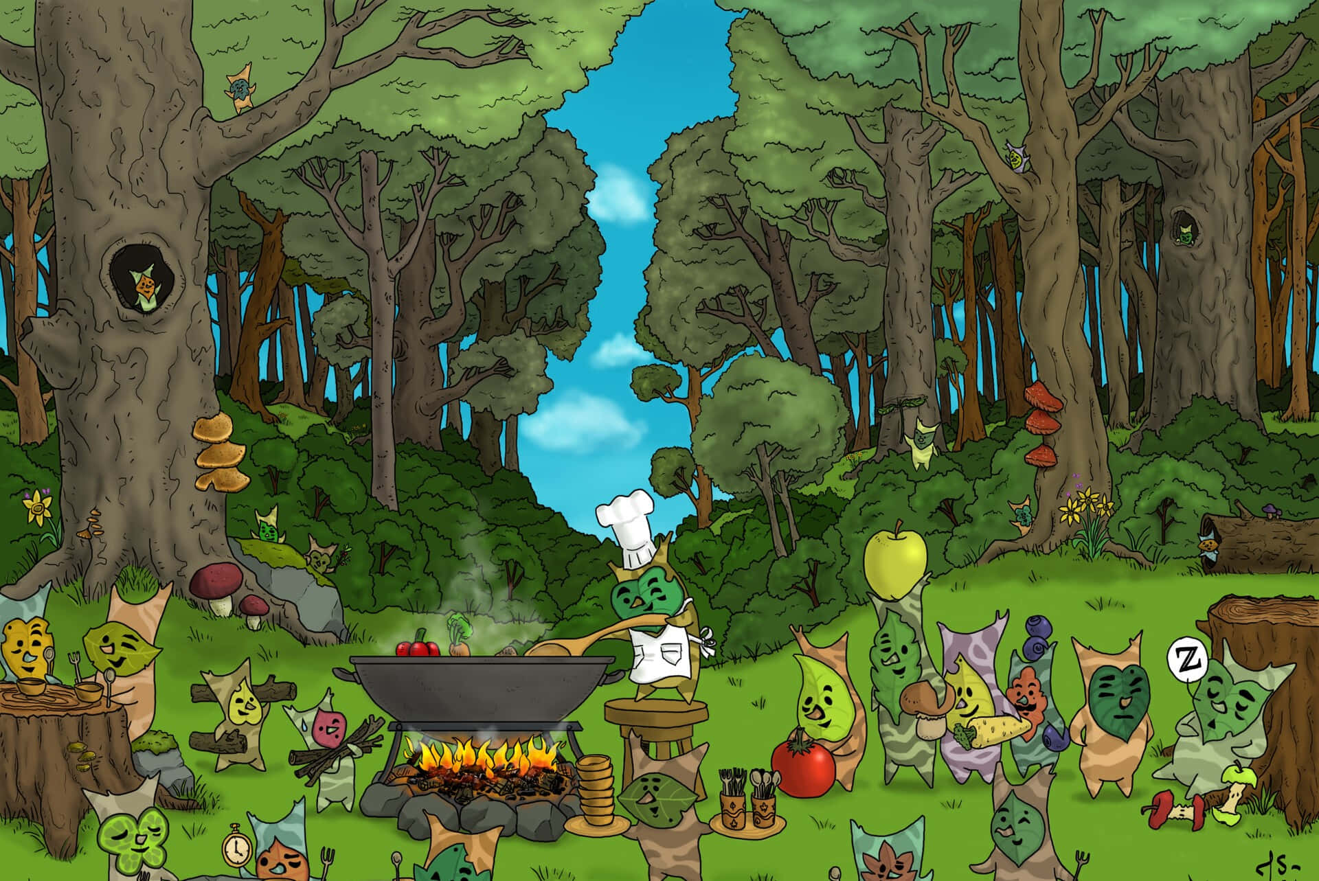  壁紙 — 一個奇幻的森林場景，擬人化的蔬菜角色聚集在營火旁，在明亮的藍天下進行燒烤。