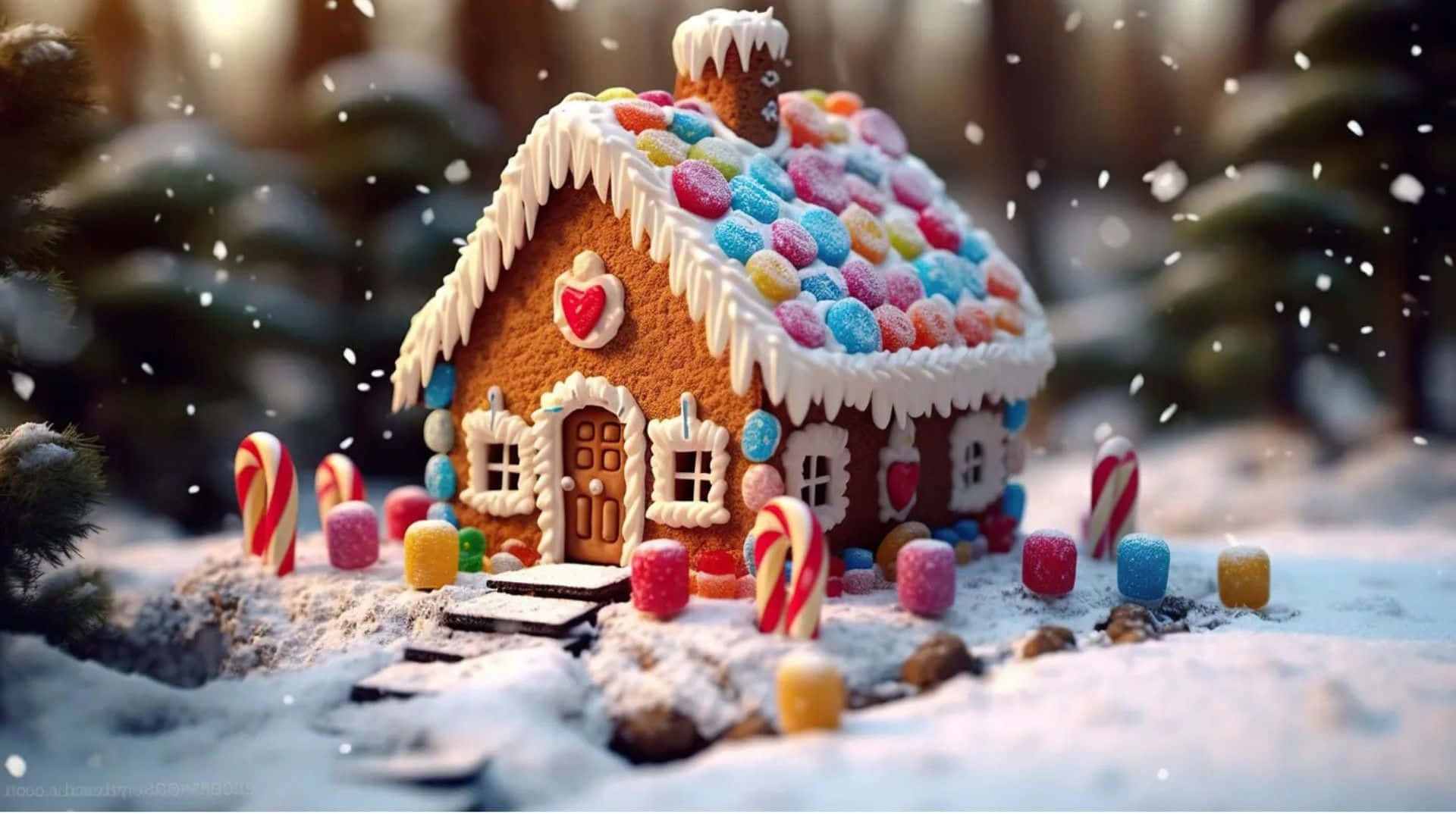  壁紙 — 一間裝飾著彩色糖果和糖霜的夢幻薑餅屋，矗立在雪花紛飛的冬日雪林中。