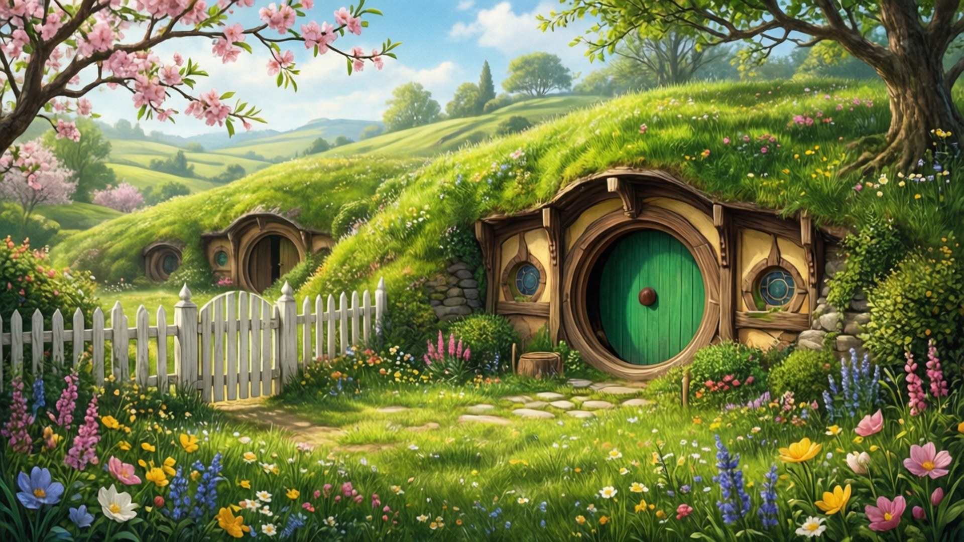 Hobbiton in Bloom 壁紙 — 一間奇幻的哈比人小屋，帶有綠色門，坐落在長滿青草的山坡上，周圍環繞著盛開的花朵和櫻花。
