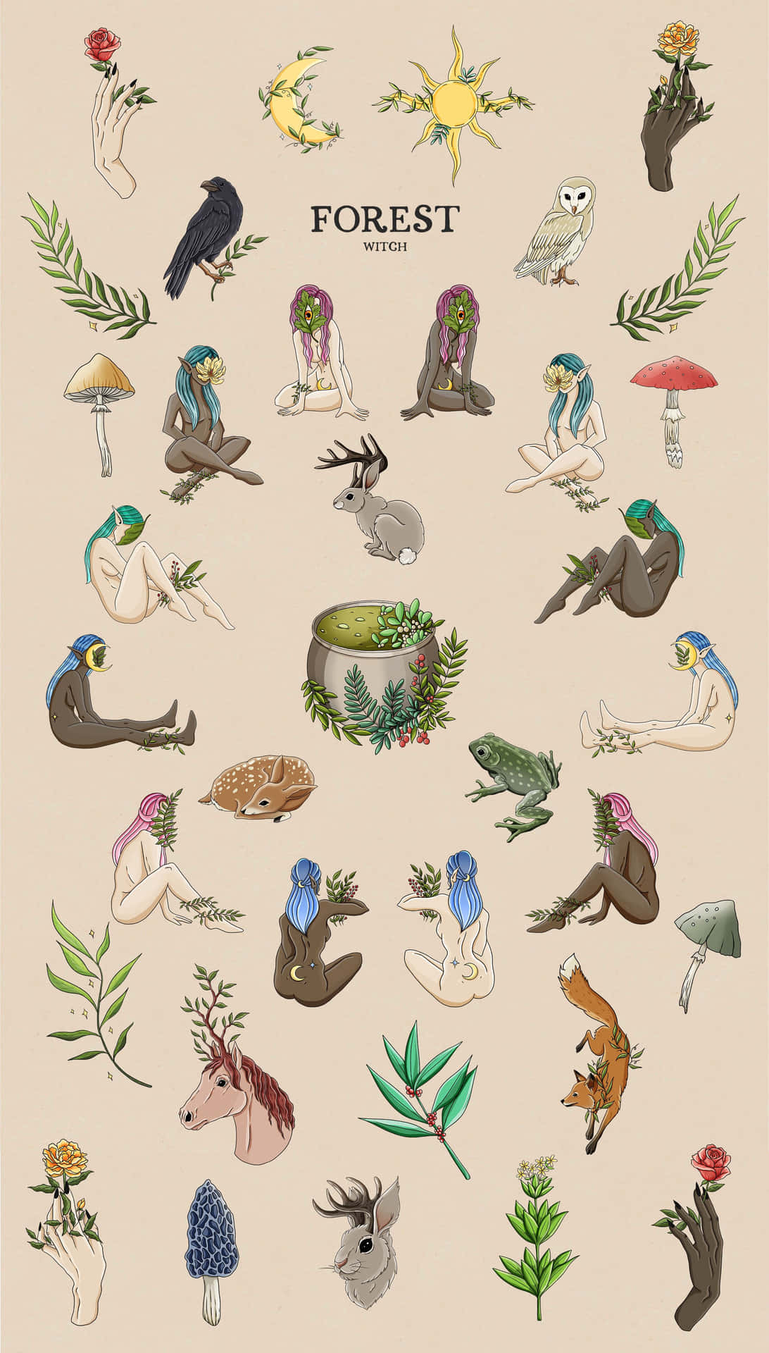  壁紙 — 一個異想天開的插圖系列，描繪森林女巫和樹林生物，周圍環繞著植物和動物，背景為米色。