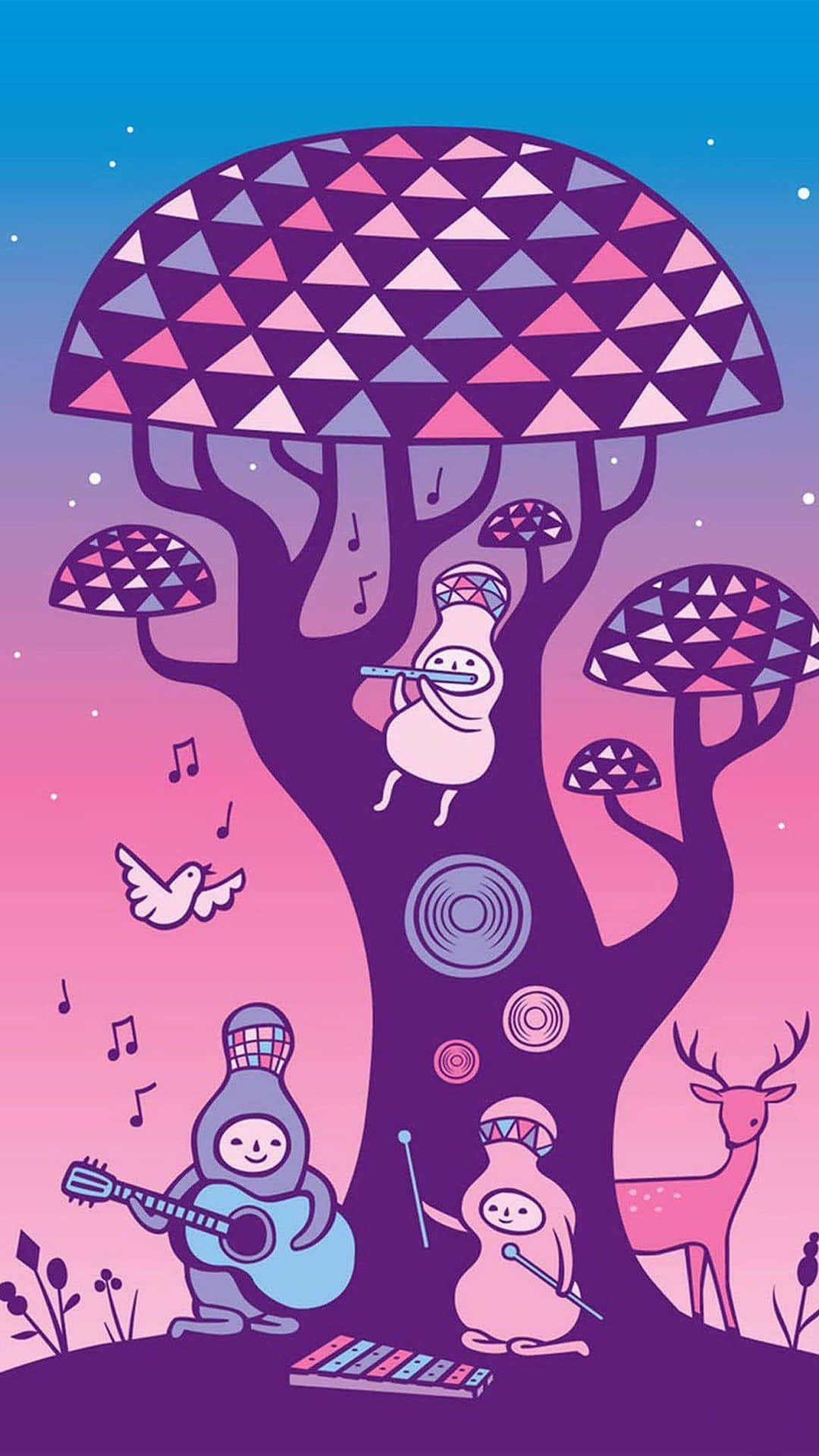  壁紙 — 一個異想天開的插圖場景，三隻可愛的生物在黃昏時分在一個巨大的幾何蘑菇樹下演奏音樂。