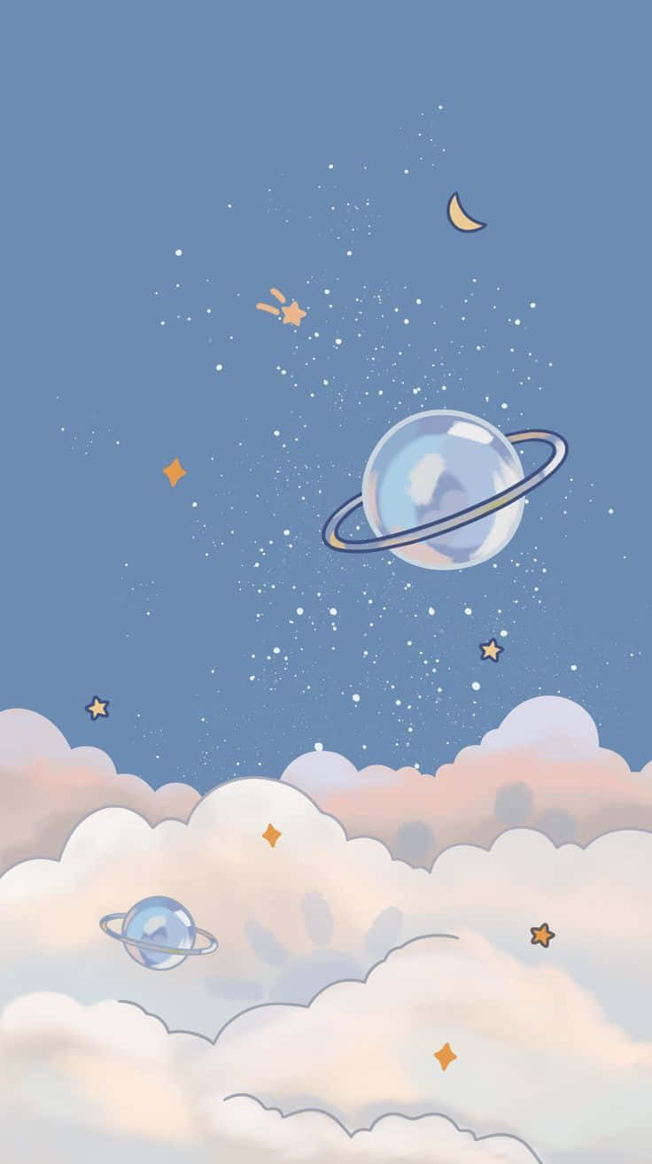  壁紙 — 一個異想天開的插圖，描繪了一顆帶有光環的行星漂浮在粉彩雲朵之上，背景是星空和一彎新月。