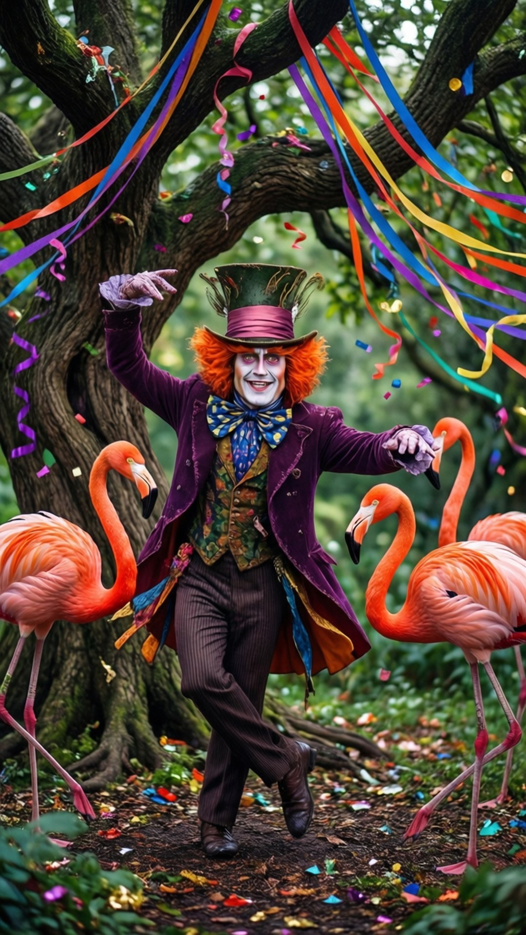 The Hatter's Dance 壁紙 — 一個古怪的瘋帽匠穿著紫色外套和高帽，在掛滿彩色綵帶的樹下與粉紅色的火烈鳥快樂地跳舞。