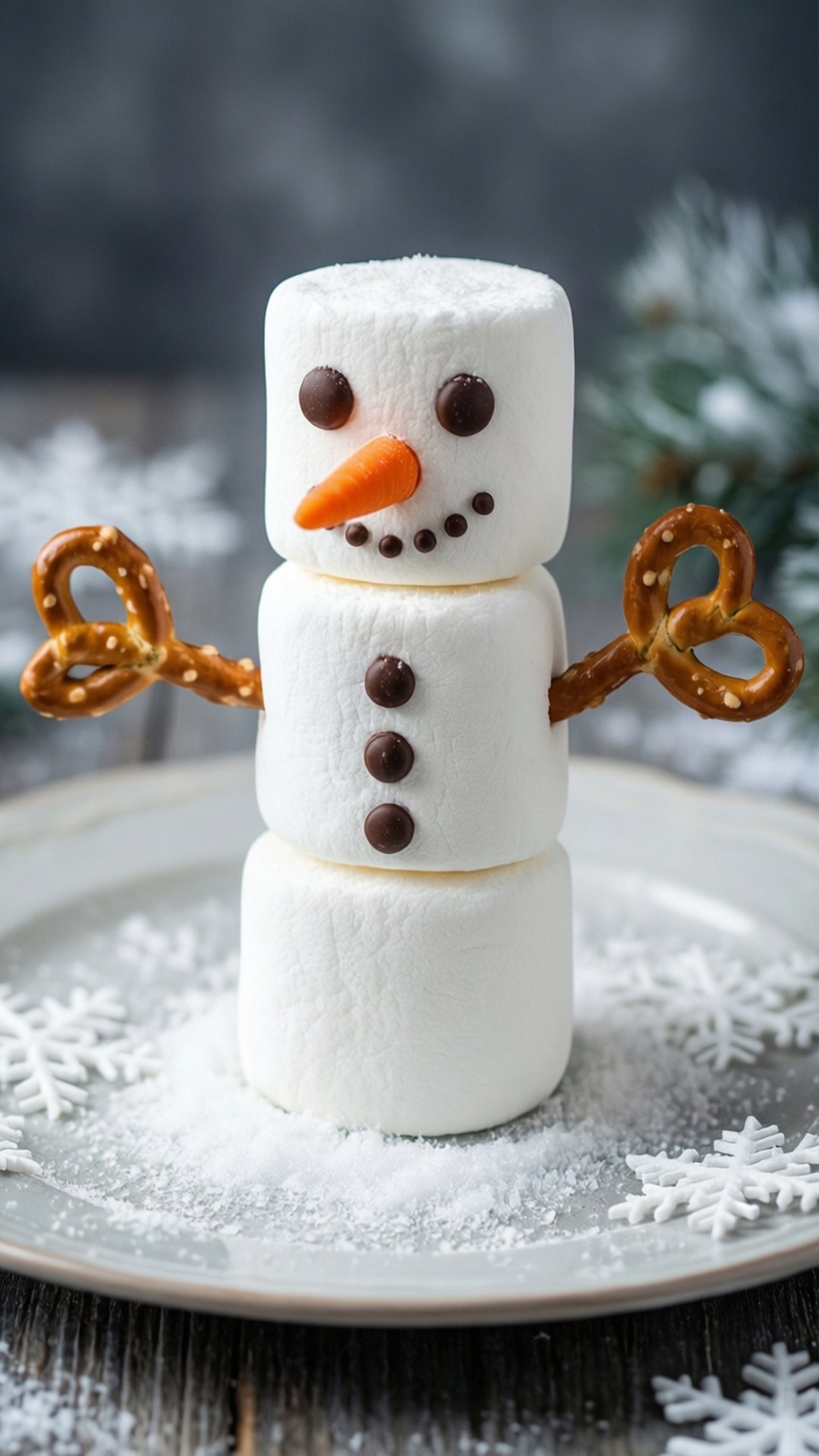 Marshmallow Snowman Treat 壁紙 — 一個用三個棉花糖堆疊而成的奇趣雪人，有巧克力眼睛、胡蘿蔔鼻子、椒鹽卷餅手臂和糖粉雪在盤子上。