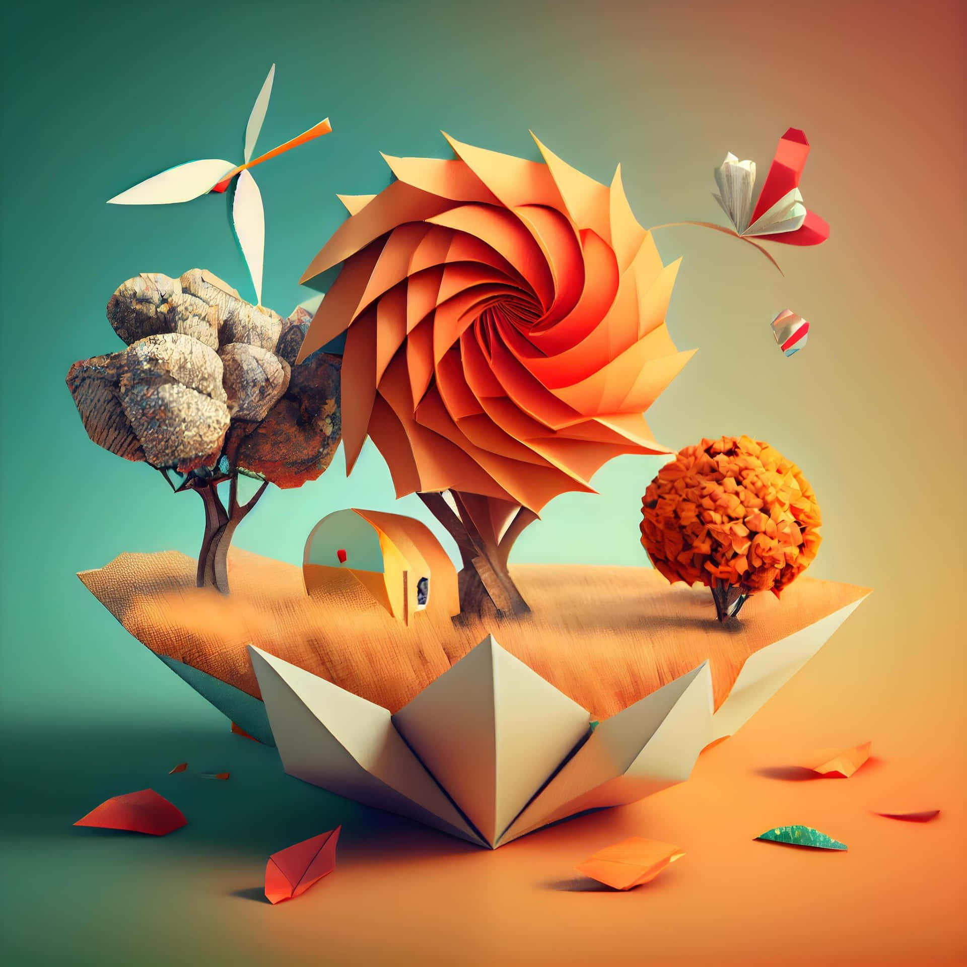  壁紙 — 一個異想天開的摺紙風景，紙樹、蝴蝶和房子漂浮在摺紙船上，背景是藍綠色和橙色的漸變天空。