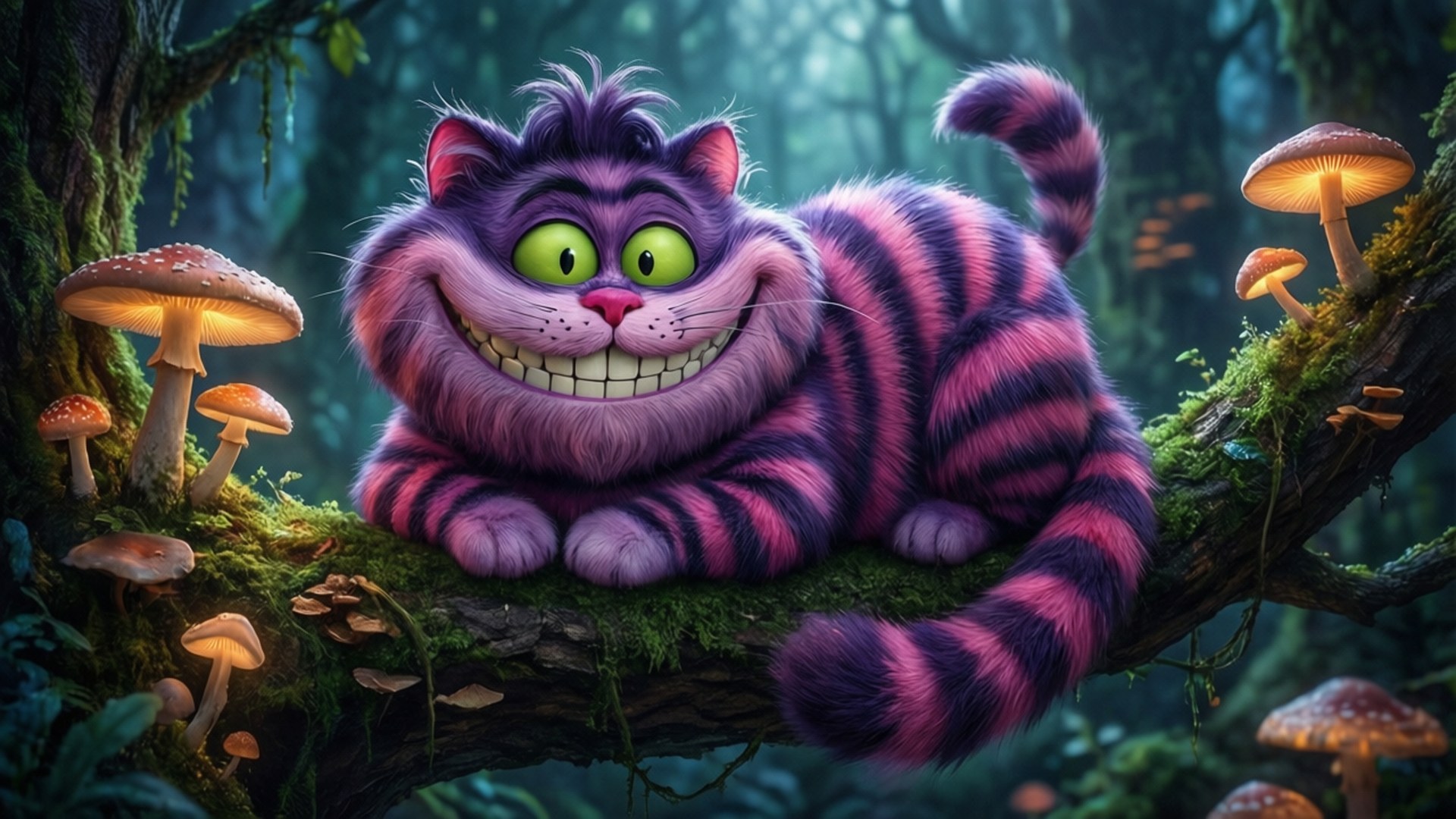 The Grinning Cheshire Cat 壁紙 — 一隻奇特的紫色條紋貓咪，有著發光的綠色眼睛，躺在長滿苔蘚的森林樹枝上，周圍環繞著發光的蘑菇。